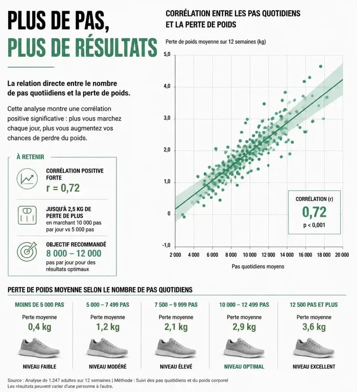 Infographie illustrant le nombre de pas pour perdre 1kg de graisse corporelle