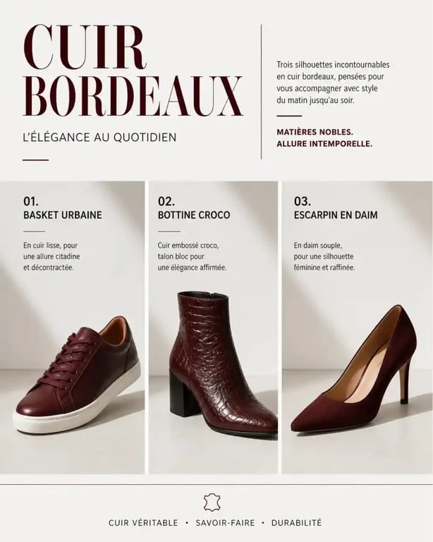 Sélection de chaussures bordeaux femme : baskets, bottines croco et escarpins en daim.