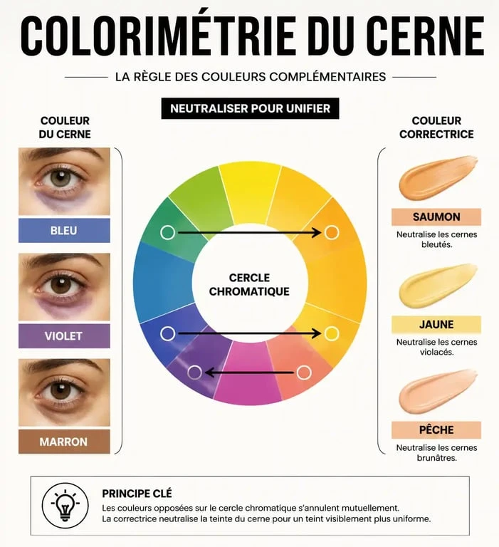 Infographie explicative sur comment choisir son anti cernes selon la couleur de ses cernes et la colorimétrie