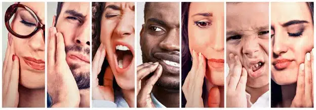 A series of patients clutching their faces, indicating a painful toothache