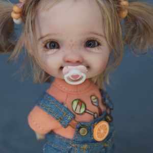 ooak ob11 girl doll pigtails denim overalls smile