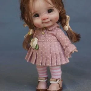 soft ob11 girl doll brown eyes beige dress hat