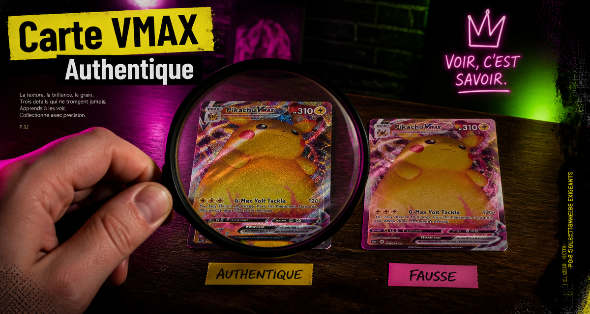 Carte Pokémon VMAX vrai comparée à une fausse