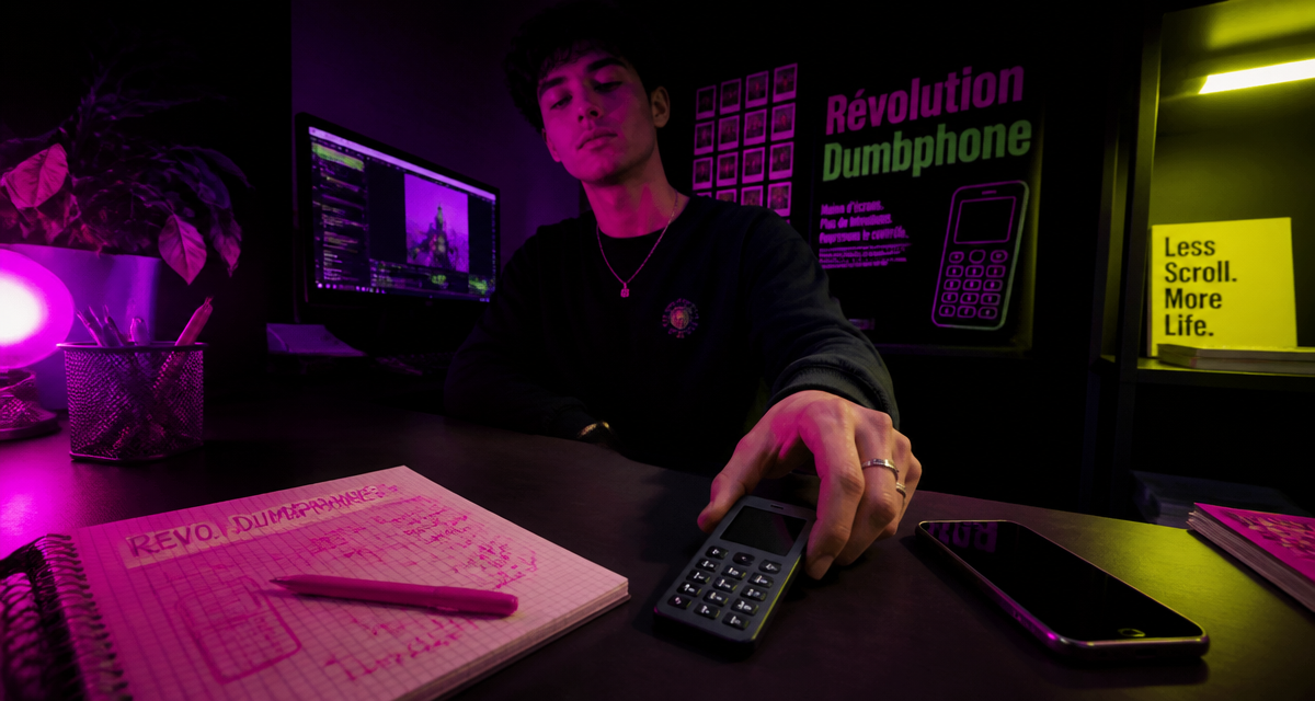 dumbphone 2025 posé sur bureau moderne