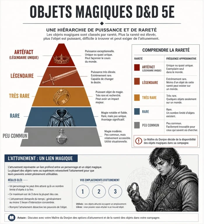 Infographie sur la rareté et l'harmonisation des objets magiques dans Donjons et Dragons 5e édition