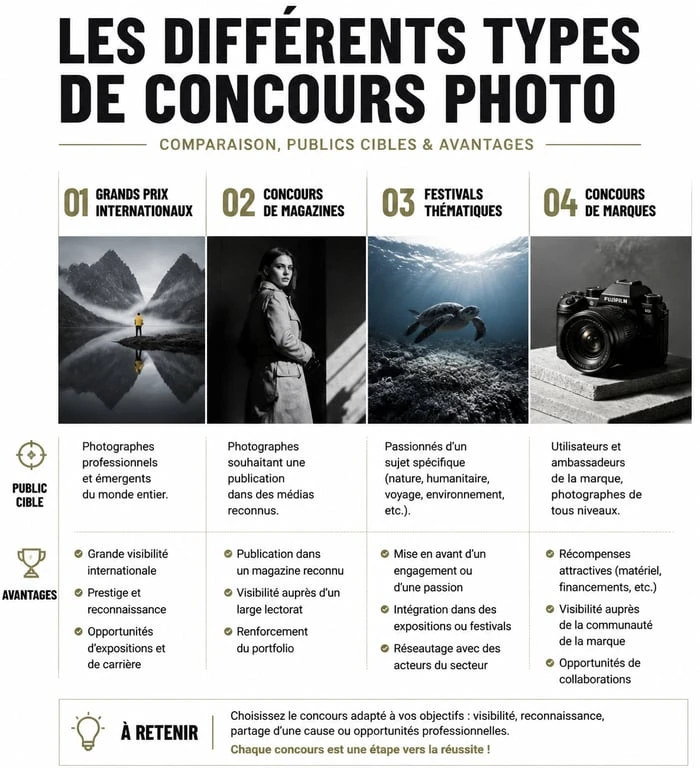 Infographie comparative des différents types de concours photo pour photographes