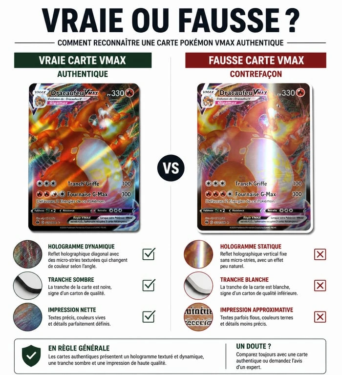 Comparatif visuel entre une vraie carte Pokémon VMAX et une fausse pour l'authentification