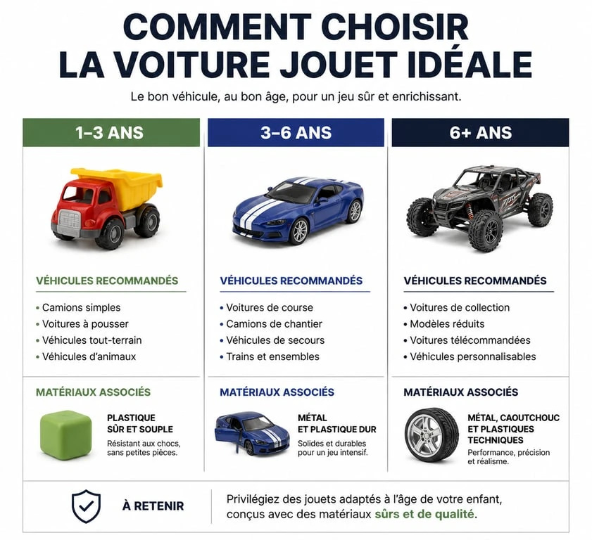 Infographie récapitulative pour choisir une voiture jouet adaptée à l'âge et au matériau de l'enfant