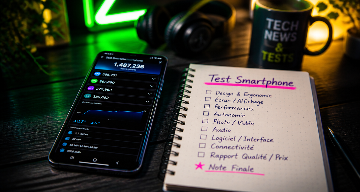 Test smartphone avec checklist et graphiques de performance
