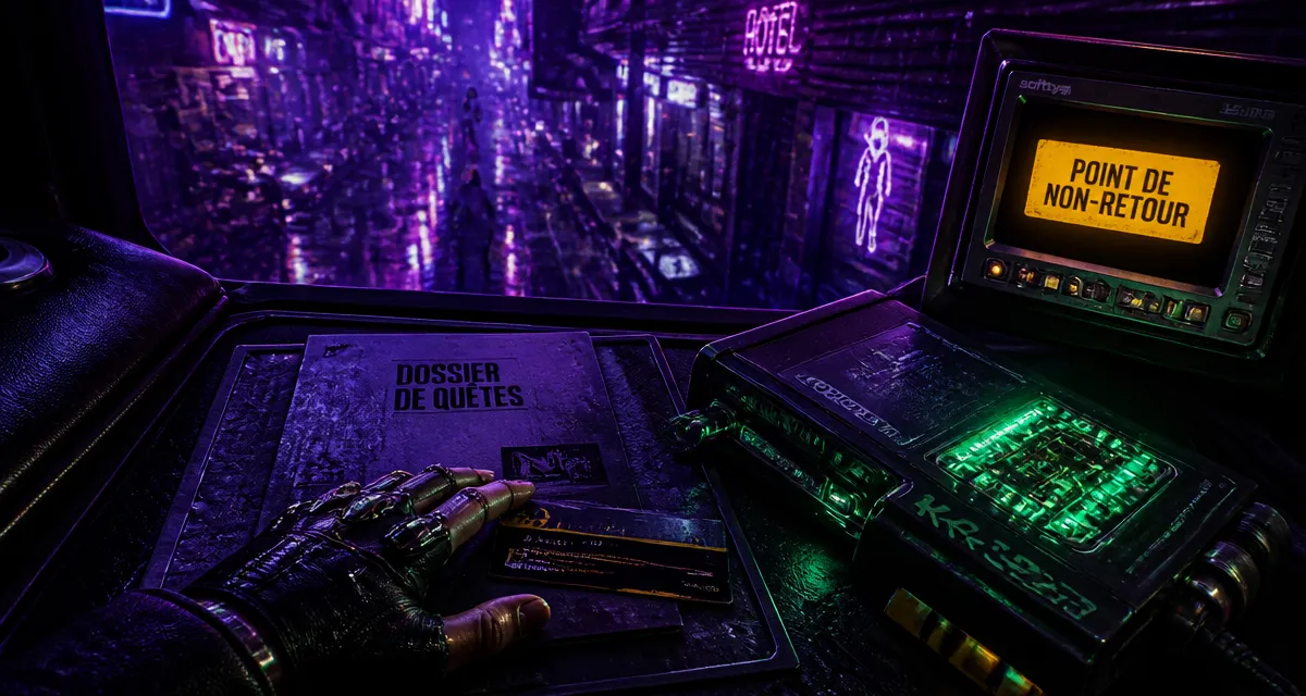 Cyberpunk 2077 soluce : fin secrète et équipements iconiques, console et cyberdeck verts en Night City sous la pluie