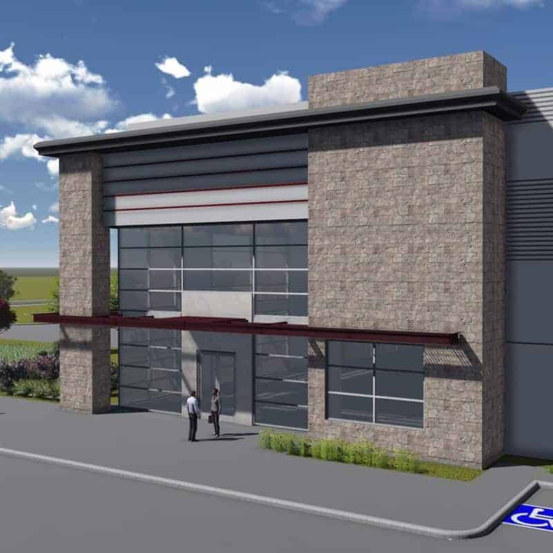 Modern commercial building facade with glass windows.