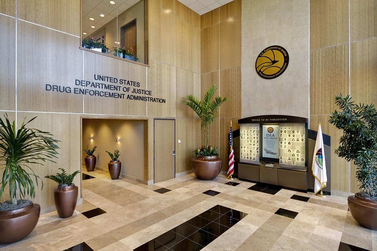 DEA headquarters lobby with memorial wall display.