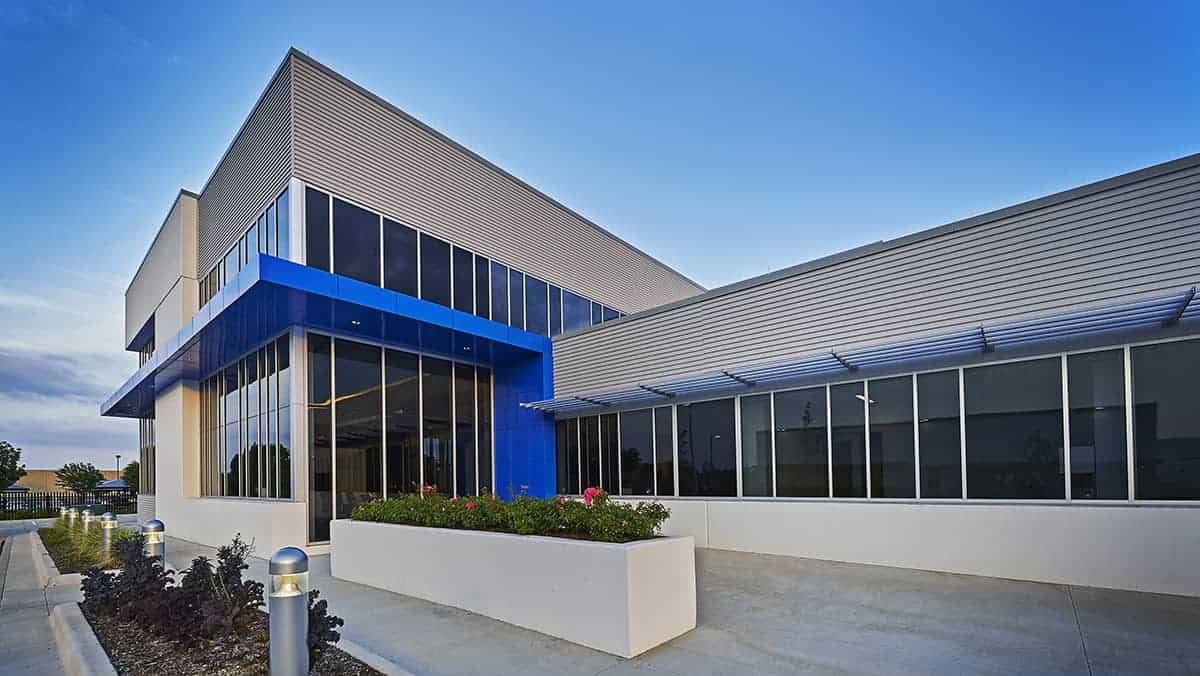 Modern commercial building with large glass windows