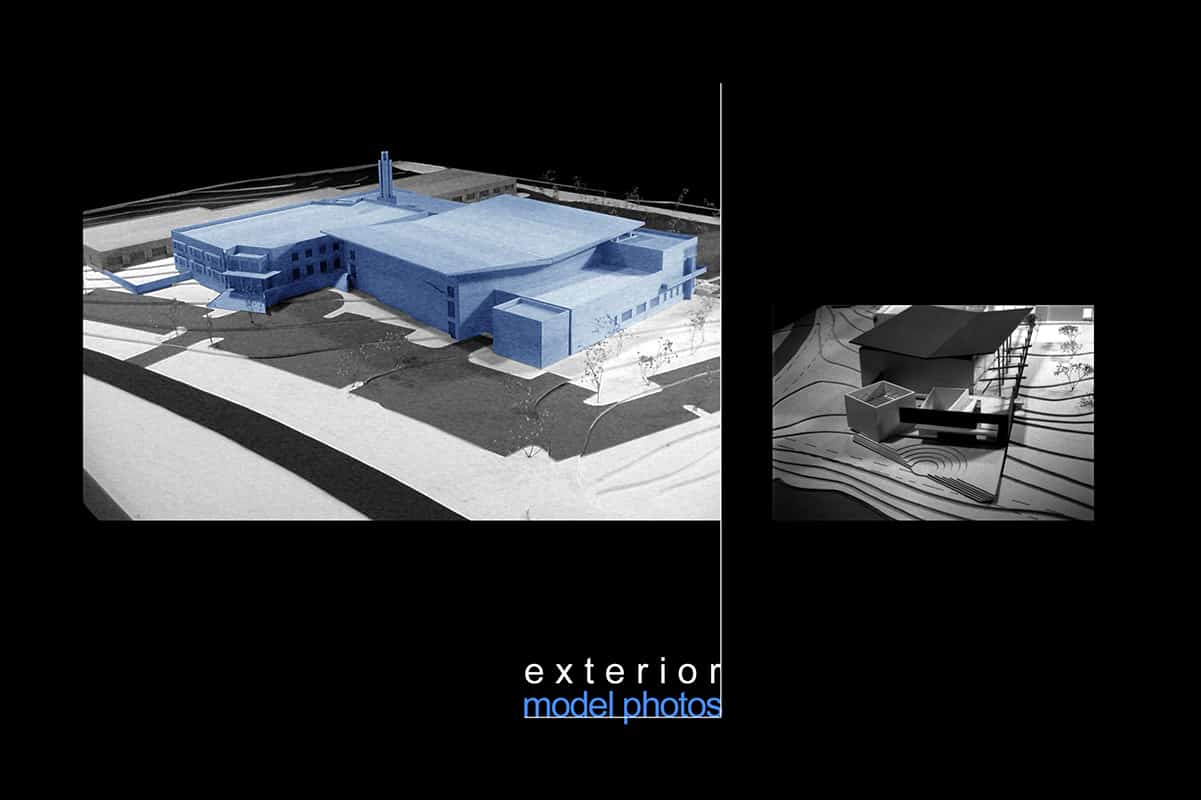 Architectural model of modern building exterior design.