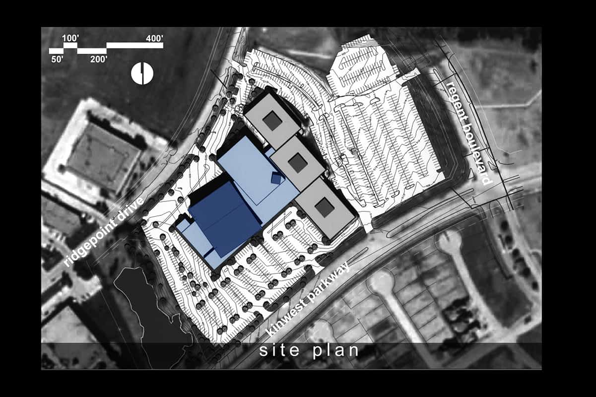 Aerial view of building site plan with roads.