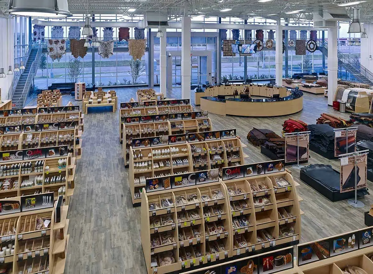 Interior view of large leathercraft supply store.
