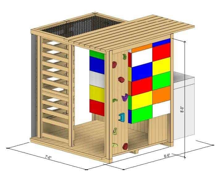 Outdoor wooden playhouse with climbing wall design