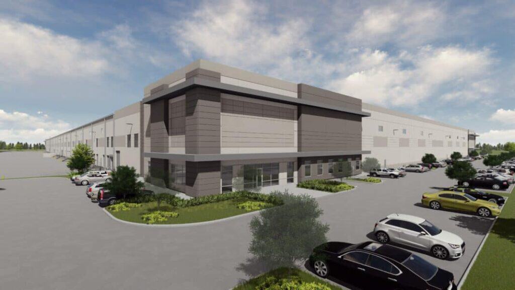 Modern warehouse with parking lot