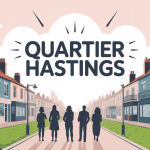 illustration stylisée du quartier Hastings avec maisons, commerces et habitants