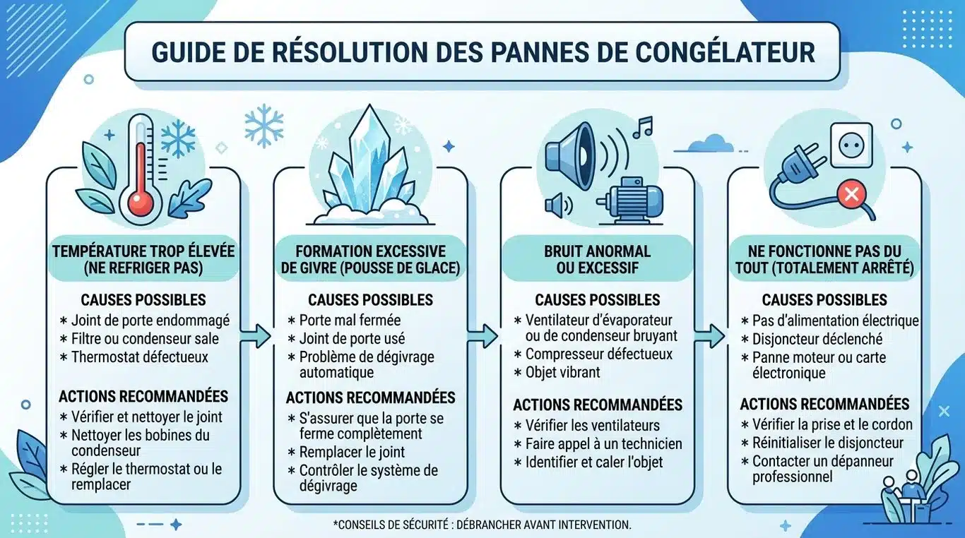 Infographie récapitulative des symptômes de panne de congélateur et des actions à entreprendre