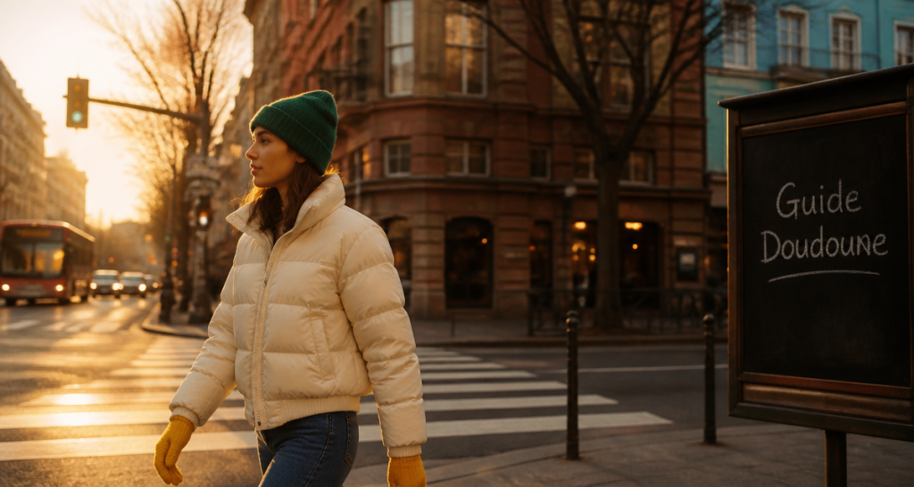 Femme en doudoune veste crème passage piéton