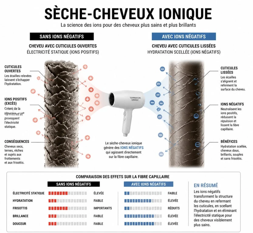 Schéma explicatif du fonctionnement d'un sèche-cheveux ionique sur la fibre capillaire