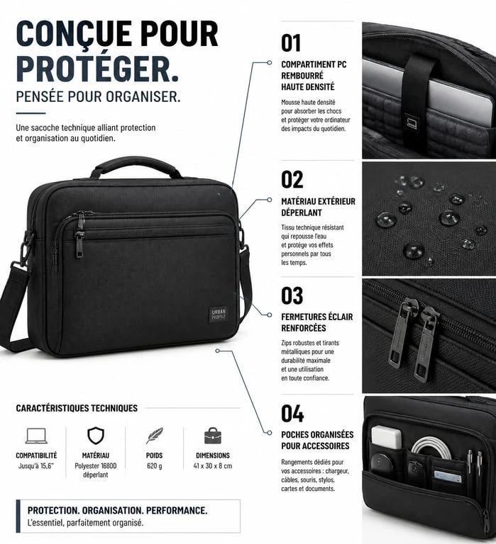 Infographie des caractéristiques techniques d'une sacoche pour ordinateur portable de qualité