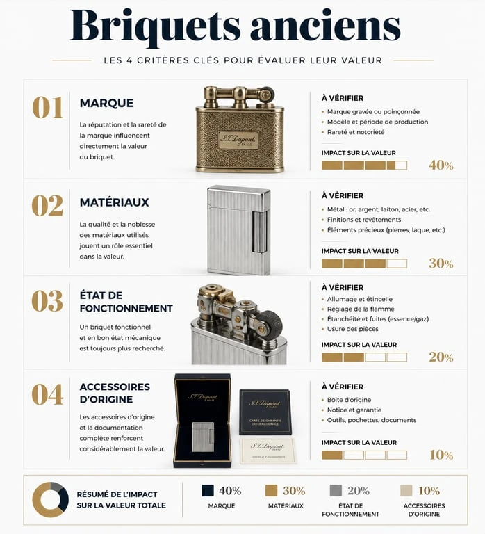 Infographie des critères d'évaluation de la valeur d'un briquet ancien de collection