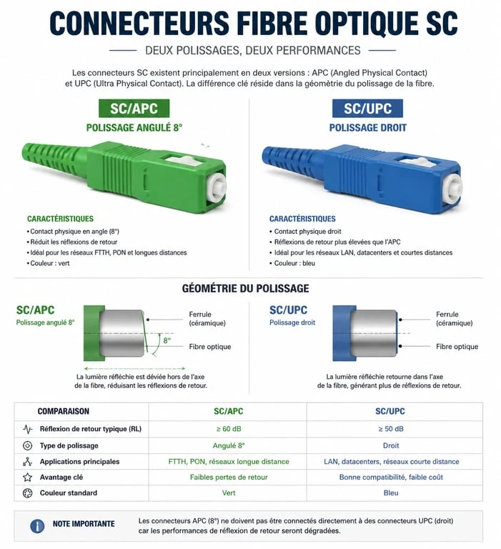 Comparatif visuel des connecteurs de prise fibre optique SC/APC et SC/UPC