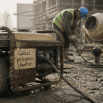 groupe electrogene chantier avec ouvriers et outils