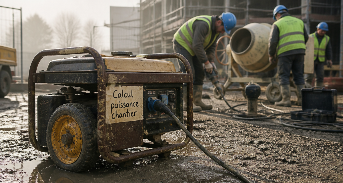 groupe electrogene chantier avec ouvriers et outils