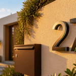 Numero de maison design aluminium noir sur façade crépi