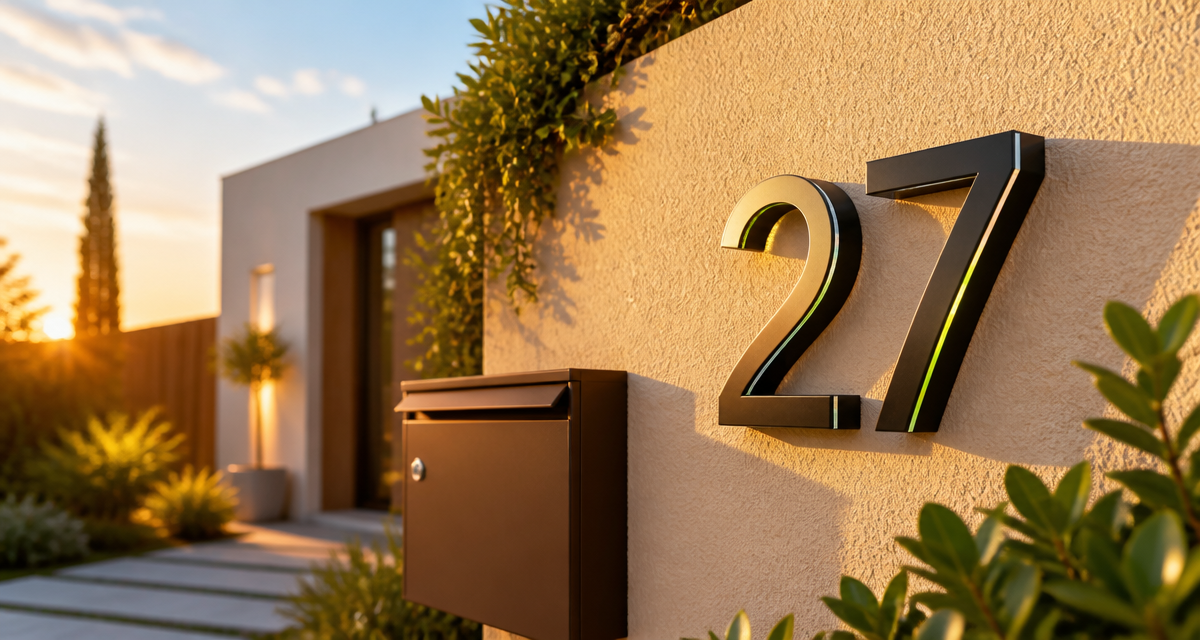 Numero de maison design aluminium noir sur façade crépi