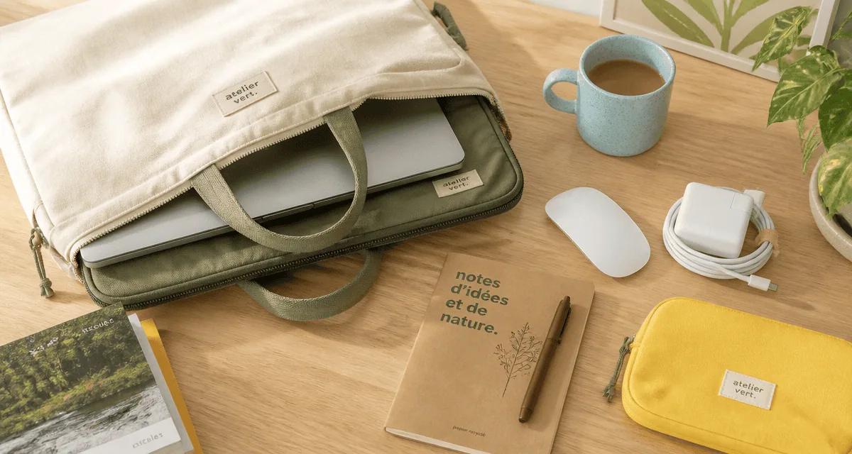 Sacoche pour ordinateur crème avec accessoires sur bureau