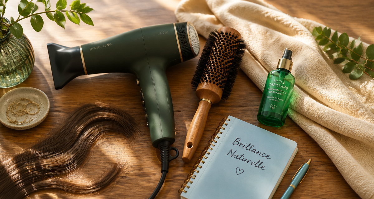 seche cheveux ionique avec brosse et huile sur table