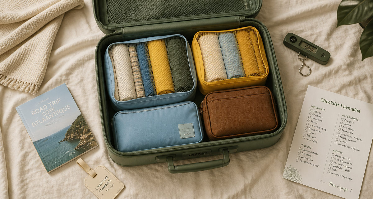 valise moyenne ouverte avec vêtements et accessoires de voyage