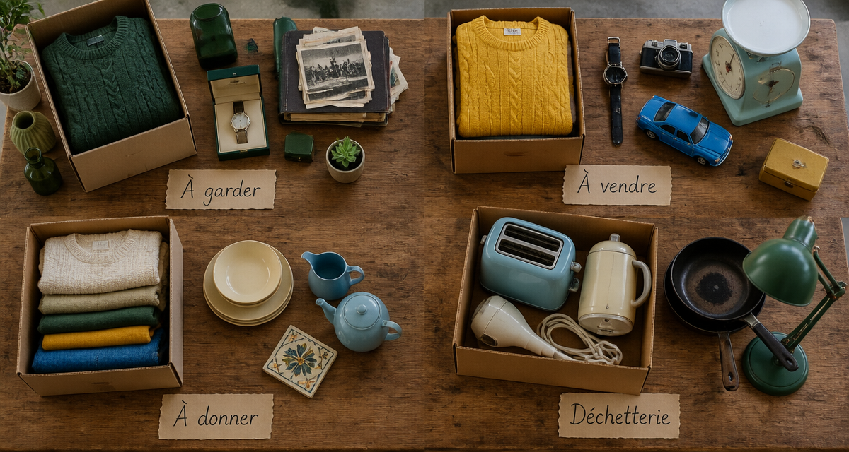 Vidage maison table tri objets et cartons