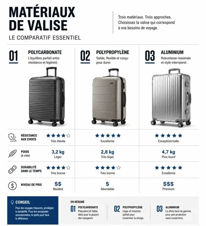 Infographie comparative des matériaux de valises résistantes : polycarbonate, polypropylène et aluminium