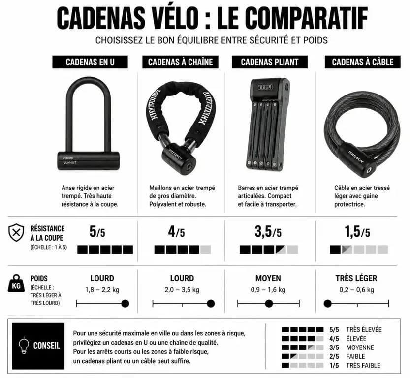 Infographie comparative des différents types de cadenas vélo pour la sécurité