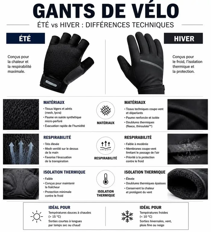 Infographie comparative des gants vélo été et hiver pour choisir sa protection