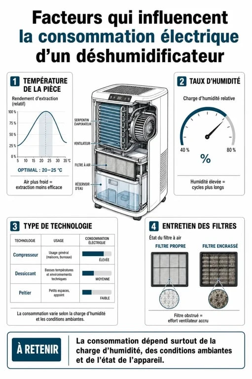 Infographie sur les facteurs influençant la consommation électrique d'un déshumidificateur