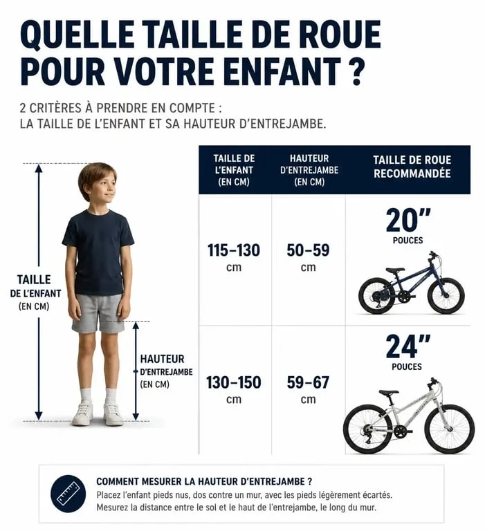 Infographie des tailles de vélo pour enfant de 8 ans selon la taille et l'entrejambe
