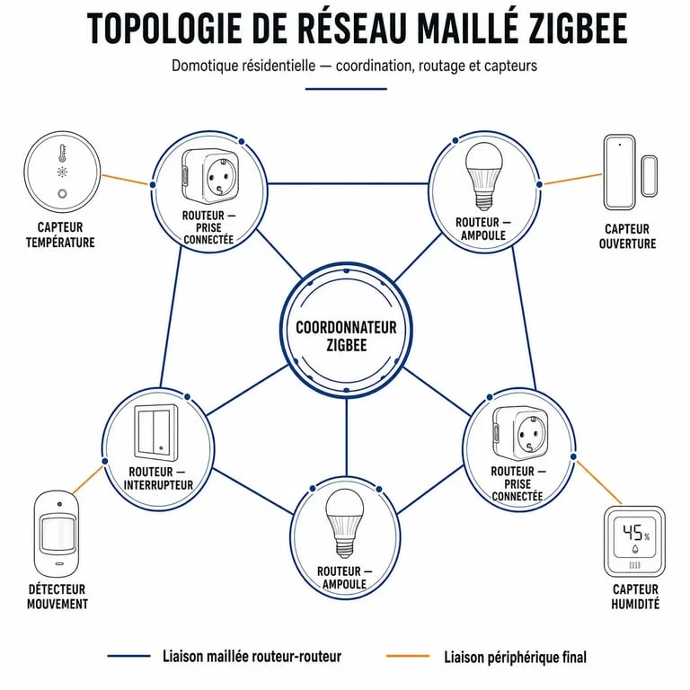 Schéma de fonctionnement d'un réseau maillé Zigbee pour la domotique