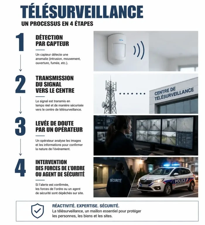 Schéma du fonctionnement d'un abonnement télésurveillance : de la détection à l'intervention