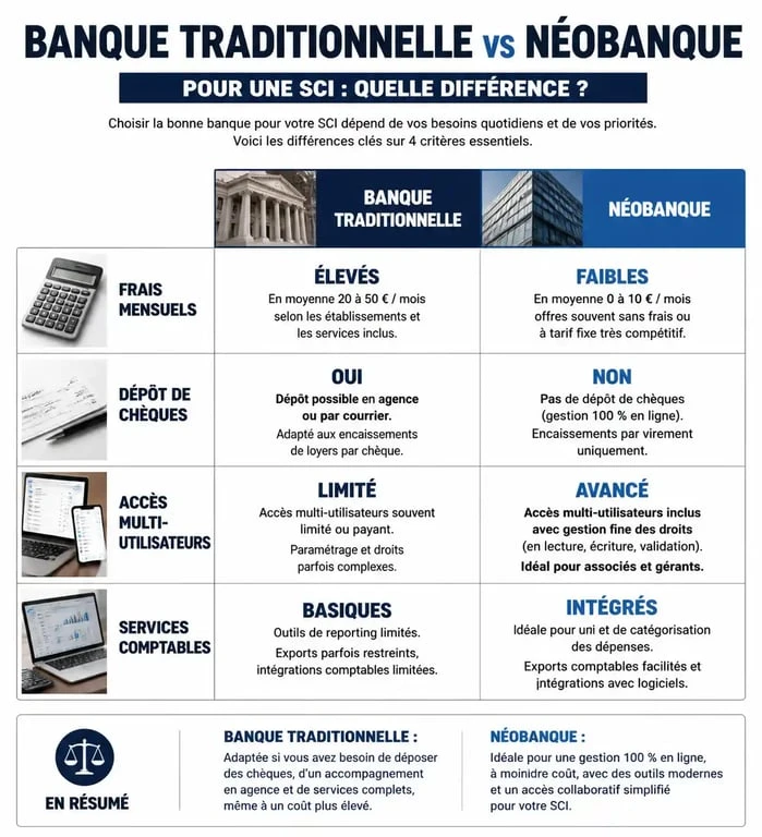 Comparatif des options de compte bancaire pour SCI : banques traditionnelles vs néobanques