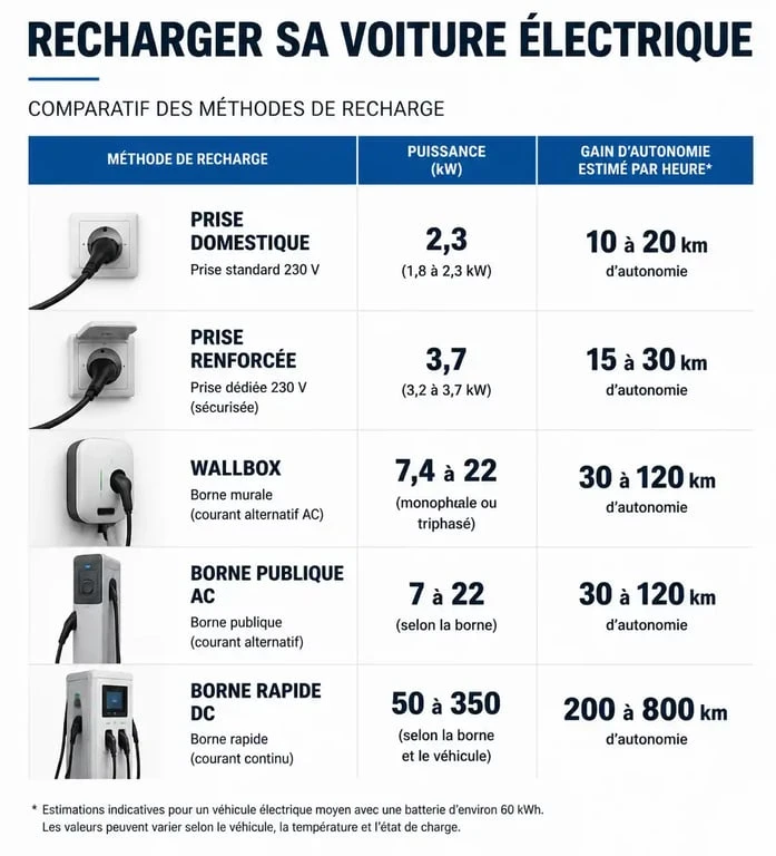 Infographie comparative des méthodes de recharge pour voiture électrique : comment brancher une voiture électrique efficacement.
