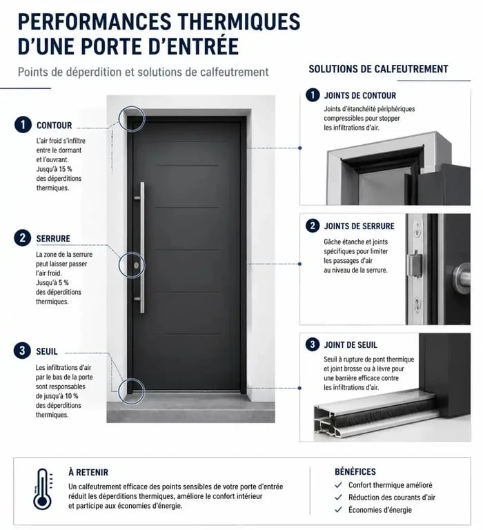 Schéma illustrant les zones de déperdition thermique et les solutions pour isoler une porte d'entrée efficacement.
