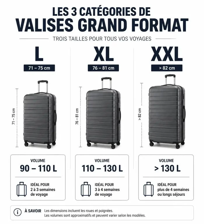 Infographie des dimensions et volumes des valises grand format pour choisir sa valise de voyage idéale