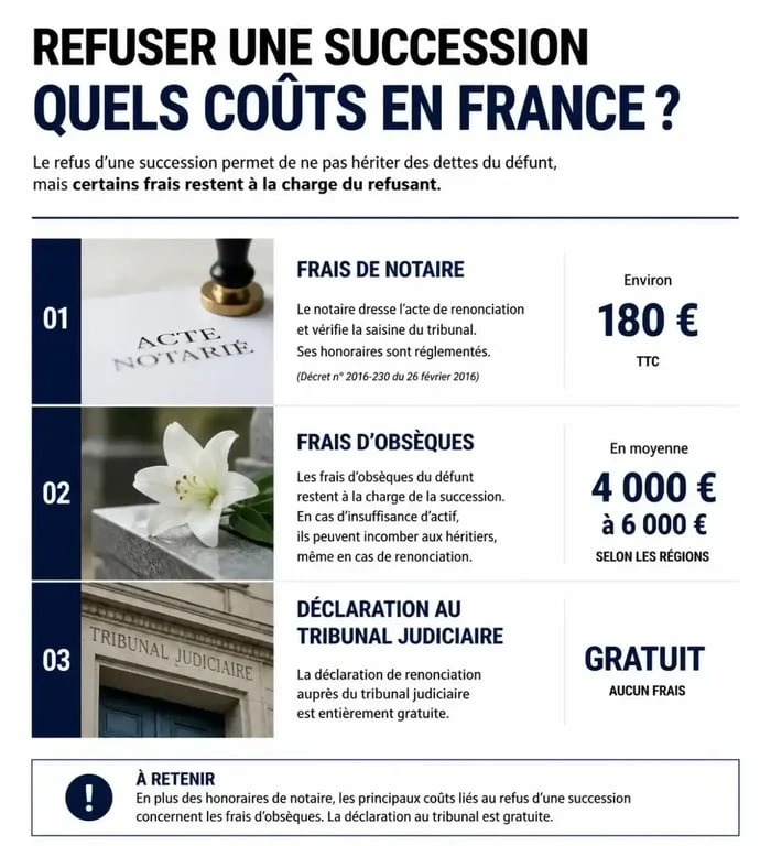 Infographie récapitulative des coûts et frais liés au refus d'une succession en France