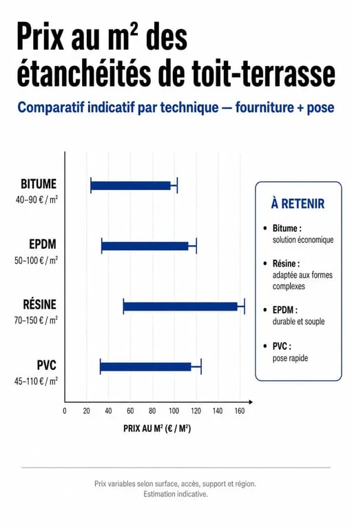 Comparatif des prix au m2 pour l'étanchéité d'un toit terrasse selon les matériaux
